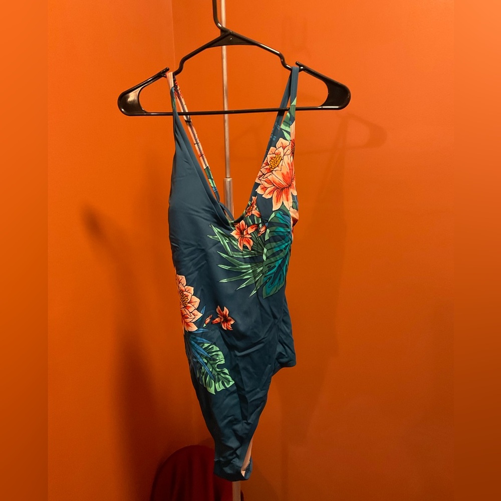 Kona Sol Blue and Orange One Piece Swimsuit with Tropical Print